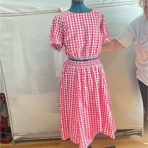 Two Piece Pink And White Gingham Midi Dress With Puff Sleeve And Pockets